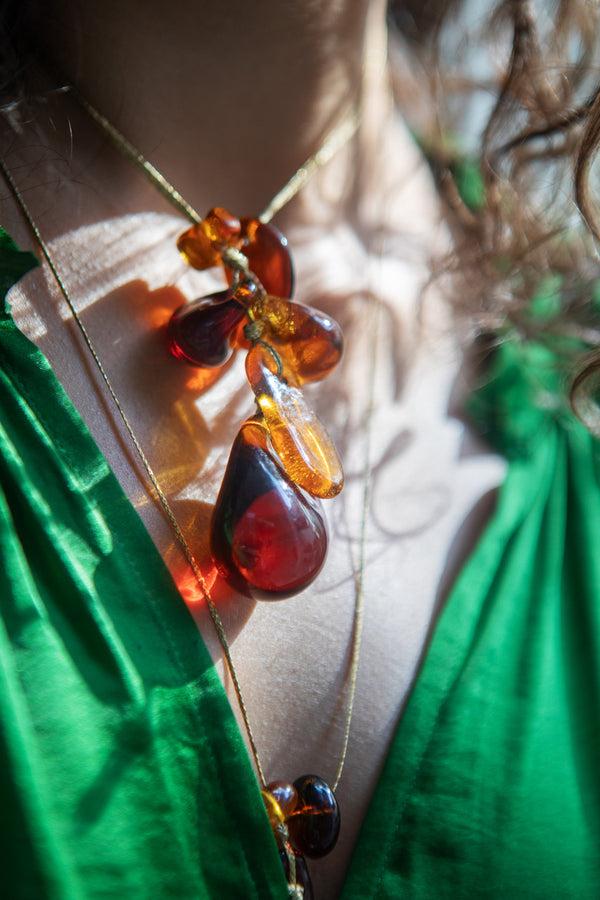 Pippa Small Azaz Amber Glass Bead Cluster On Cord