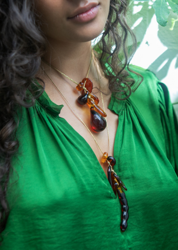 Pippa Small Azaz Amber Glass Bean Cluster On Cord