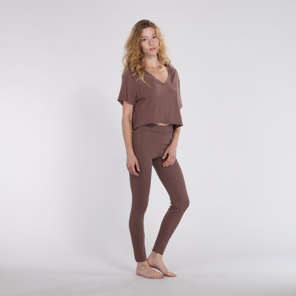 Pj Harlow B30 V-Neck Crop Jersey Tee Loungewear Tops Mocha