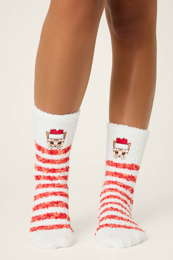 Pj Salvage Feline Festive Cat Print Crew Socks With Grippers