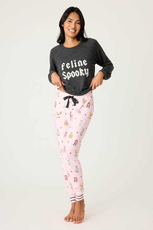 Pj Salvage Feline Spooky Halloween Cat Print Banded Pant