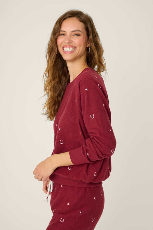 Pj Salvage Hold Your Horses Horseshoe Embroidered Sweatshirt