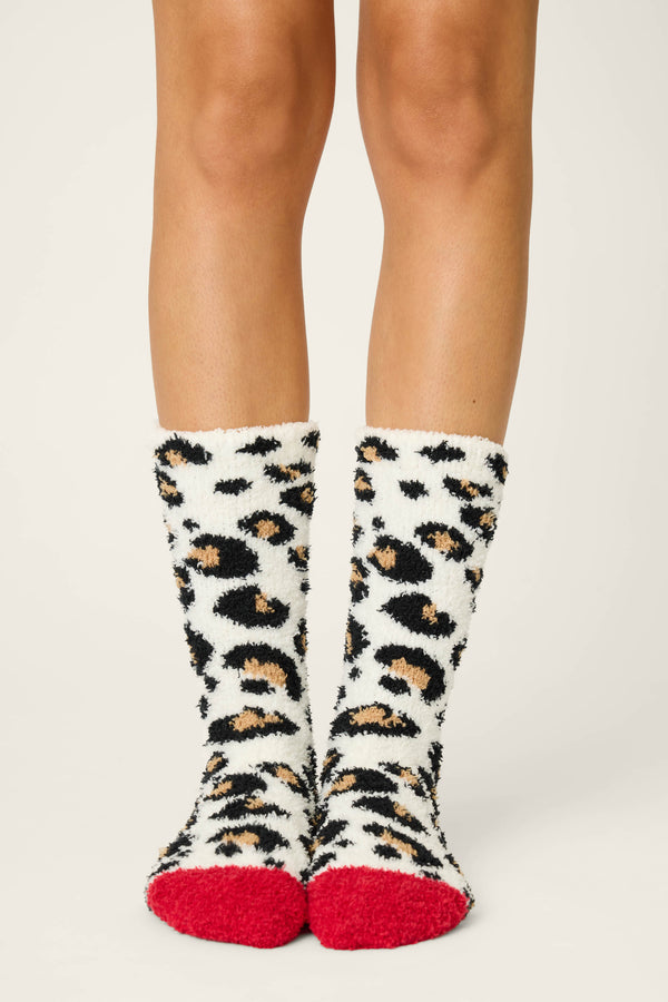Pj Salvage Holiday Dreams Leopard Print Crew Socks With Grippers