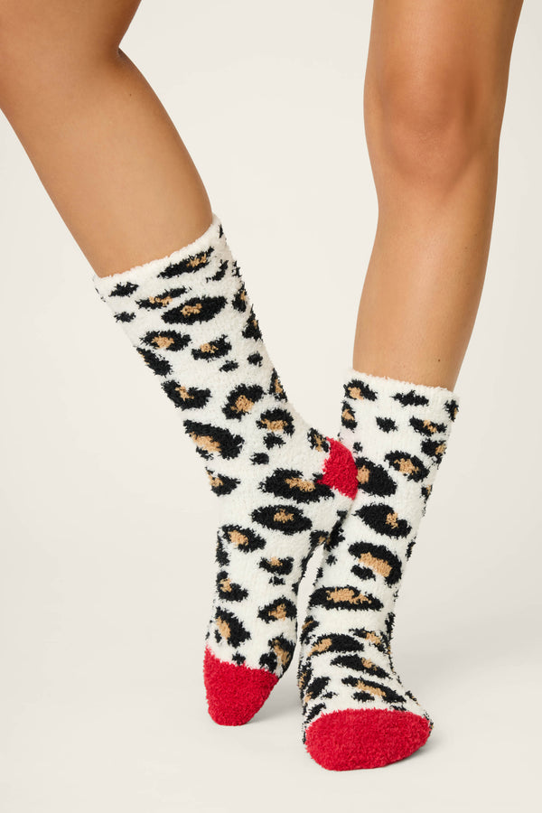 Pj Salvage Holiday Dreams Leopard Print Crew Socks With Grippers