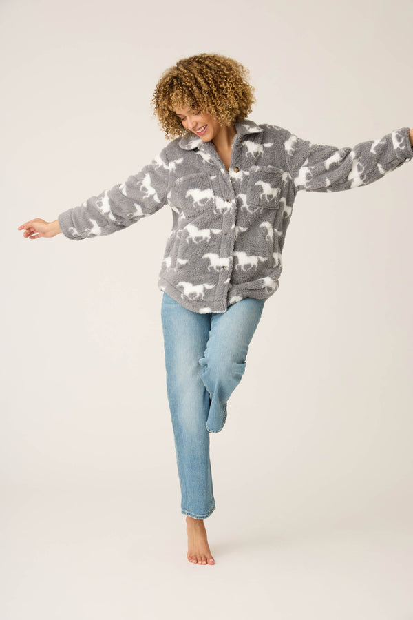 Pj Salvage Let's Get Cozy Horse Print Cozy Plush Jacket