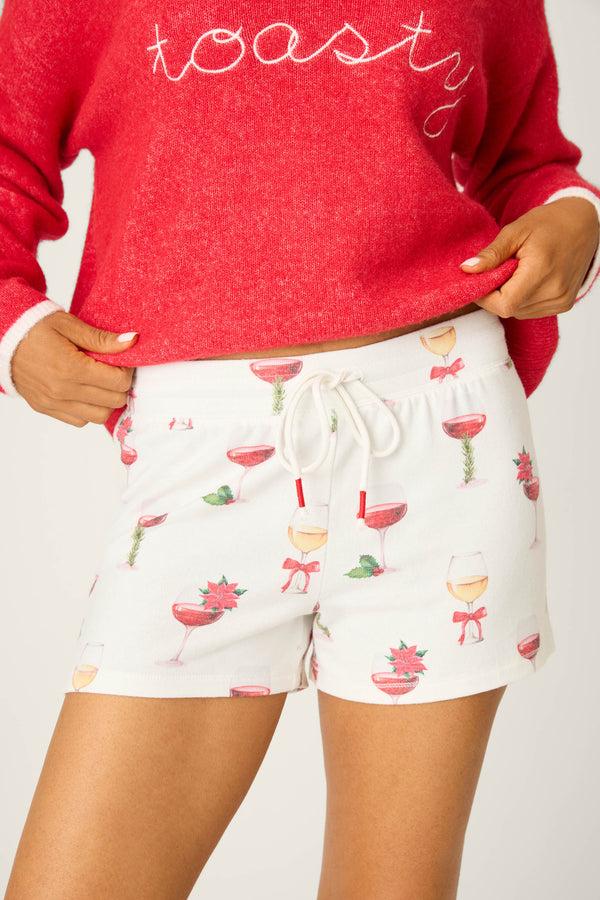pj salvage Let's Get Toasty Holiday Wine Print Shorts