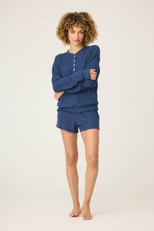 Pj Salvage Morning Waffles Solid Navy Long Sleeve Top