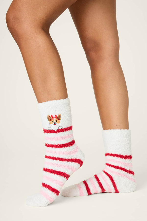Pj Salvage Peace & Pawlidays Corgi Print Crew Socks With Grippers