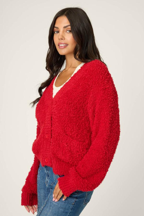 Pj Salvage Bundle Up Boucle Red Cardigan
