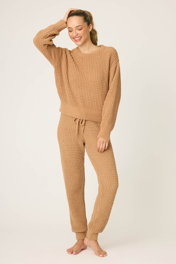 Pj Salvage Chenille Waffle Long Sleeve Caramel Top