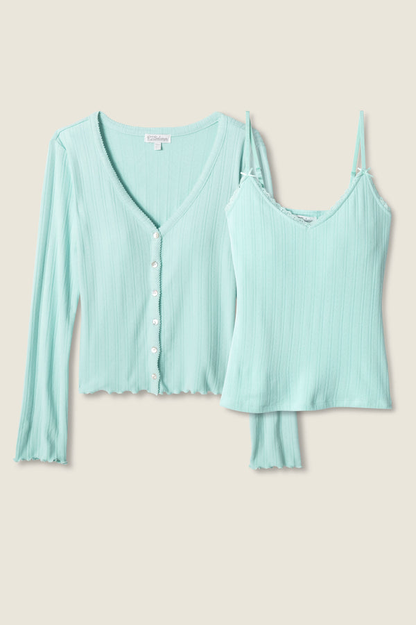 Pj Salvage Pointelle Essentials Solid Mint 2-piece Cardigan Set