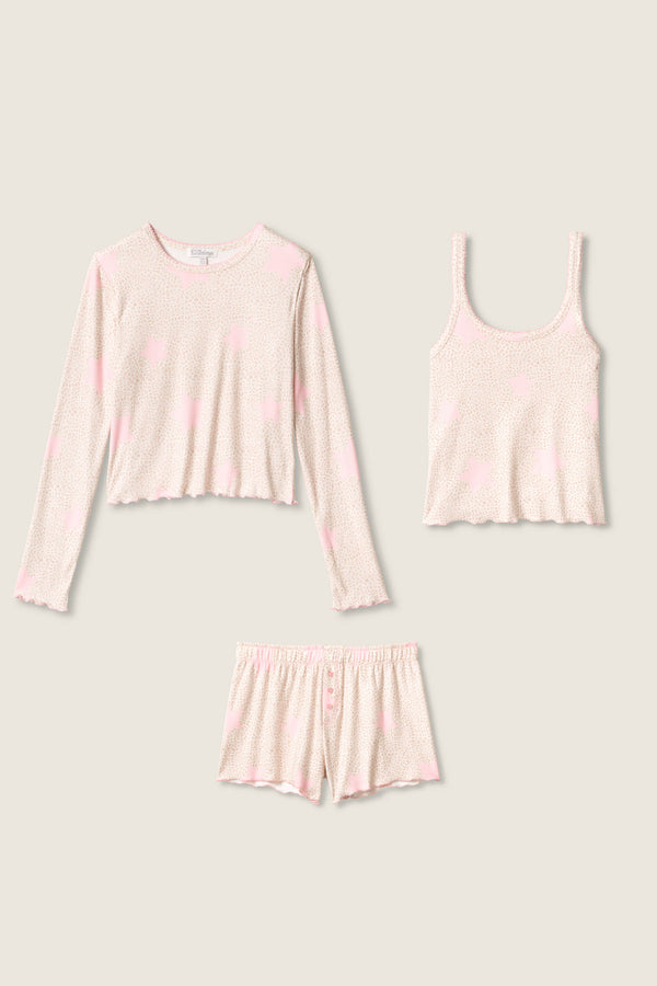 Pj Salvage Stay Wild 3-Piece Leopard & Star Print Pointelle Tank Short & Long Sleeve Set