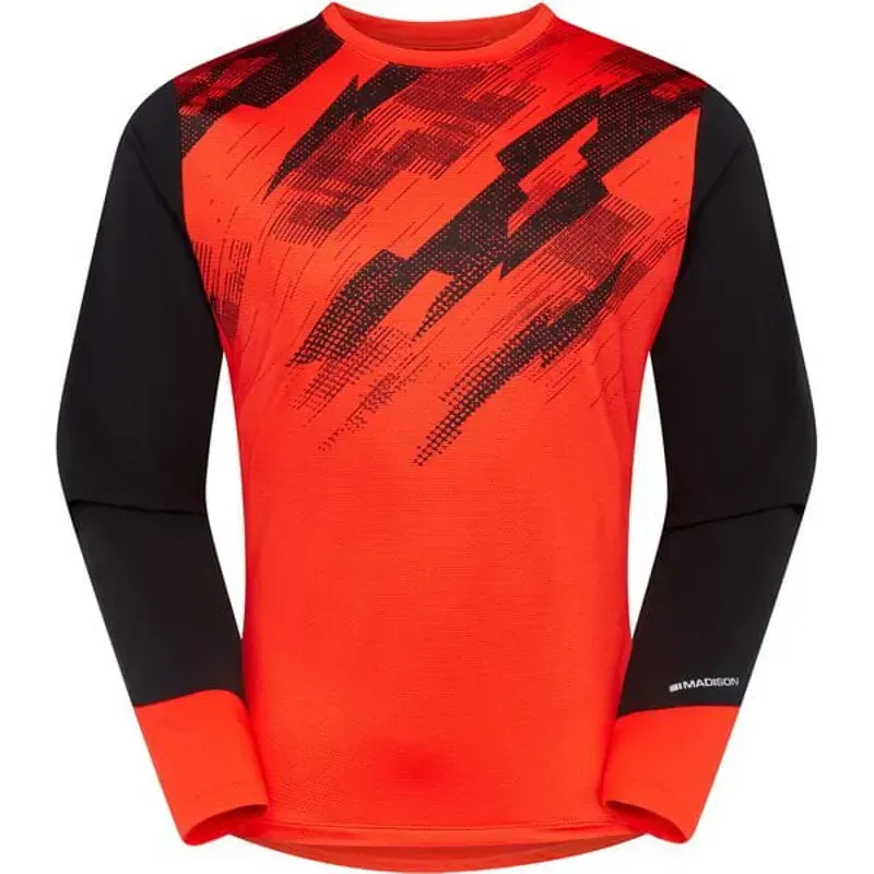 planet bike Madison Flux Men's Long Sleeve Trail Jersey In Magma Red/Black planet bike Madison Flux Men's Long Sleeve Trail Jersey In Magma Red/Black