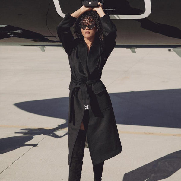 Playboy Belted Long Wool Robe Coat Men's - Jackets Black