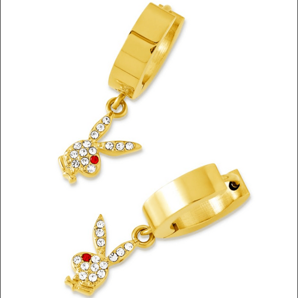 playboy Bunny Huggie Hoop and Dangling Charm Earring Accessories - Jewelry Gold