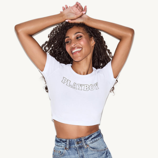 playboy Classic Rhinestone Masthead Baby Tee Women's - Tees White