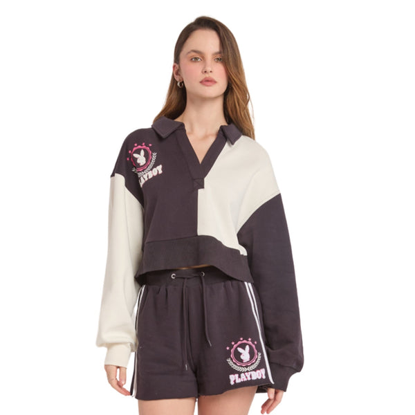 playboy Cropped Colorblocked Varsity Sweatshirt Women's - Sweatshirts WHT/ONYX