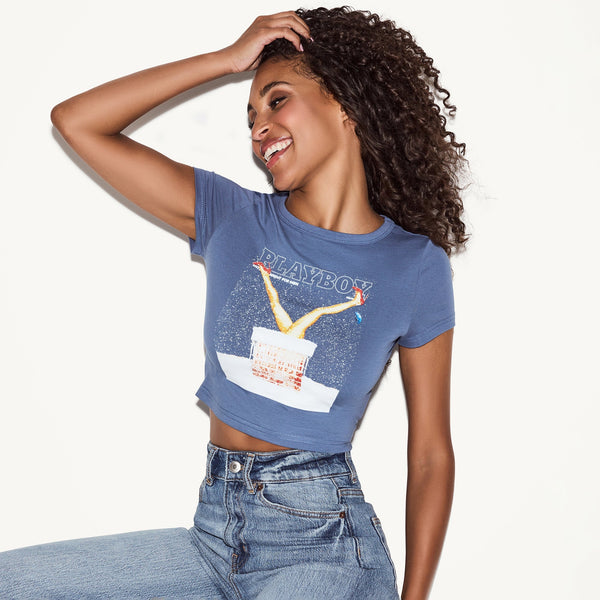 playboy December 2013 Cover Baby Tee Women's - T-Shirts Dusty Blue