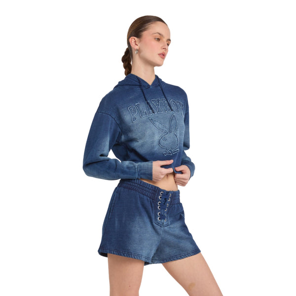 Playboy Fray Boy Crop Sweatshirt Women's - Hoodies Indigo
