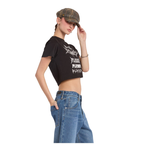 Playboy Graffiti "Playboy" Font Cropped Tee Women's - Tee Black