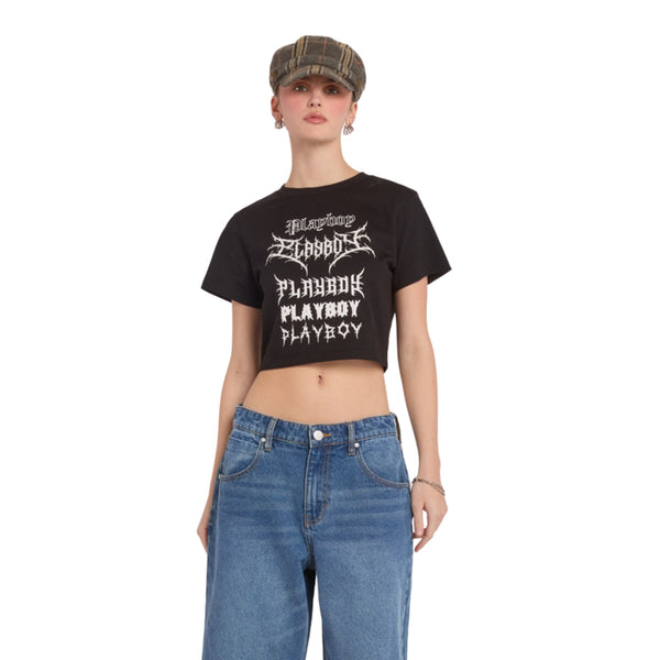 playboy Graffiti "Playboy" Font Cropped Tee Women's - Tee Black