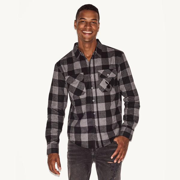 Playboy Men's Black Flannel Long Sleeve Shirt Men's - Shirt Black Plaid