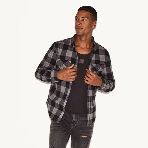 playboy Men's Black Flannel Long Sleeve Shirt Men's - Shirt Black Plaid