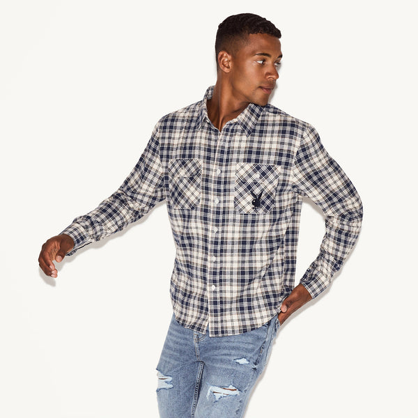 playboy Men's Flannel Long Sleeve Shirt Men's - Shirt White Plaid