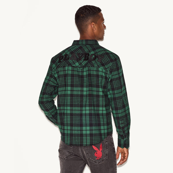 Playboy Men's Green Flannel Long Sleeve Shirt Men's - Shirt Green Plaid