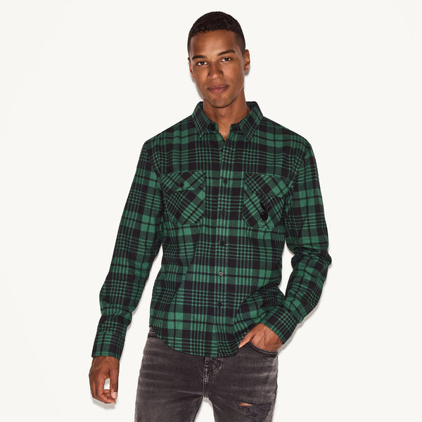 playboy Men's Green Flannel Long Sleeve Shirt Men's - Shirt Green Plaid
