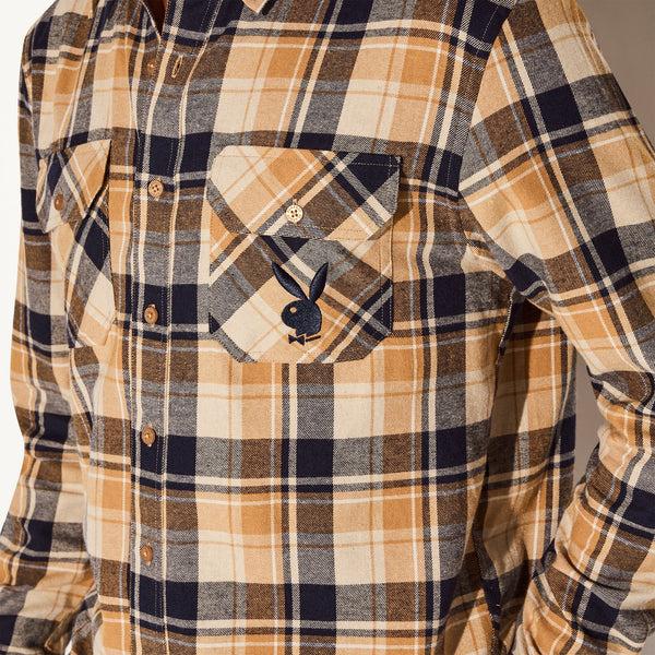 Playboy Men's Tan Flannel Long Sleeve Shirt Men's - Shirt Tan Plaid