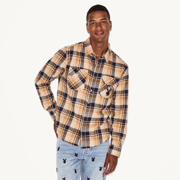 Playboy Men's Tan Flannel Long Sleeve Shirt Men's - Shirt Tan Plaid