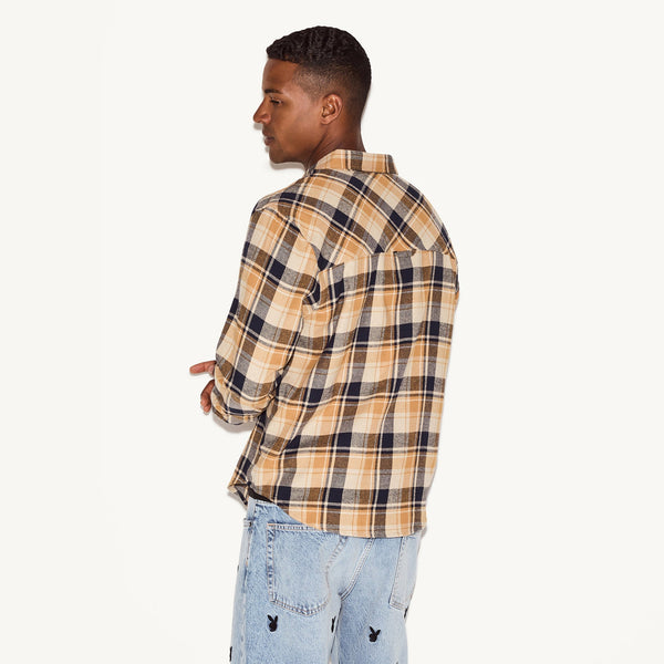 Playboy Men's Tan Flannel Long Sleeve Shirt Men's - Shirt Tan Plaid