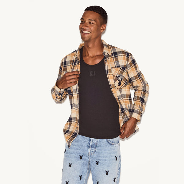 playboy Men's Tan Flannel Long Sleeve Shirt Men's - Shirt Tan plaid