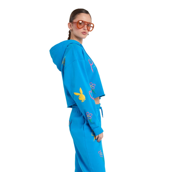 Playboy Multi Puff Print Cropped Hoodie Women's - Hoodies Blue