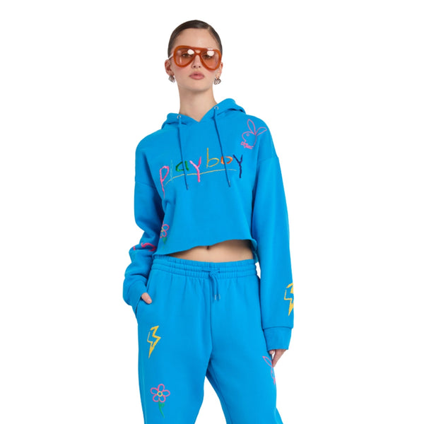playboy Multi Puff Print Cropped Hoodie Women's - Hoodies Blue