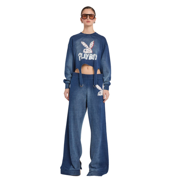 playboy Red & White Rhinestone Bottom Women's - Pants Indigo