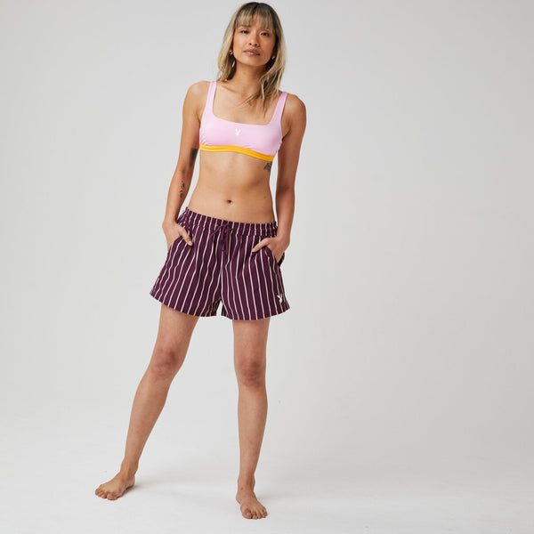 Playboy Shirting Strip Swim Trunk Women's - Swimwear Shirting Strip Burgandy