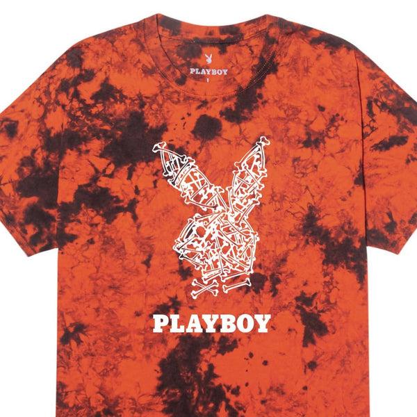Playboy Skeleton Rabbit Head T-Shirt Men's - T-Shirts Orange Black Tie Dye