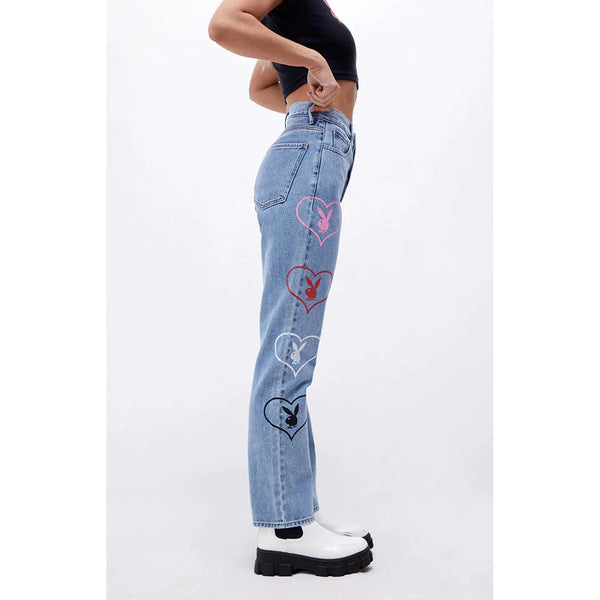 Playboy Women's Baggy Bunny Heart Denim Pants Amore Women's - Denim 22
