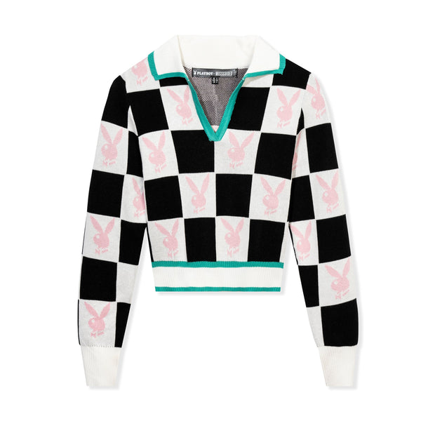 Playboy Women's Checkerboard Top Women's - Sweater White