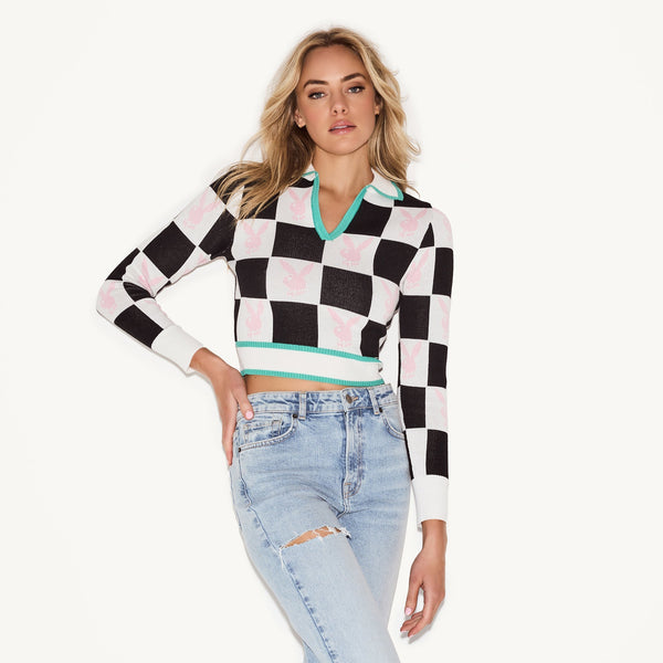 playboy Women's Checkerboard Top Women's - Sweater White