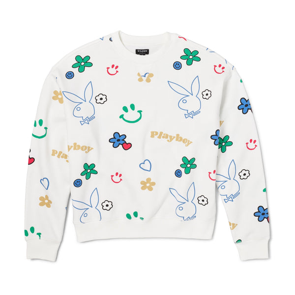playboy Women's Doodle Crew Neck Sweatshirt Women's - Sweatshirts Star White