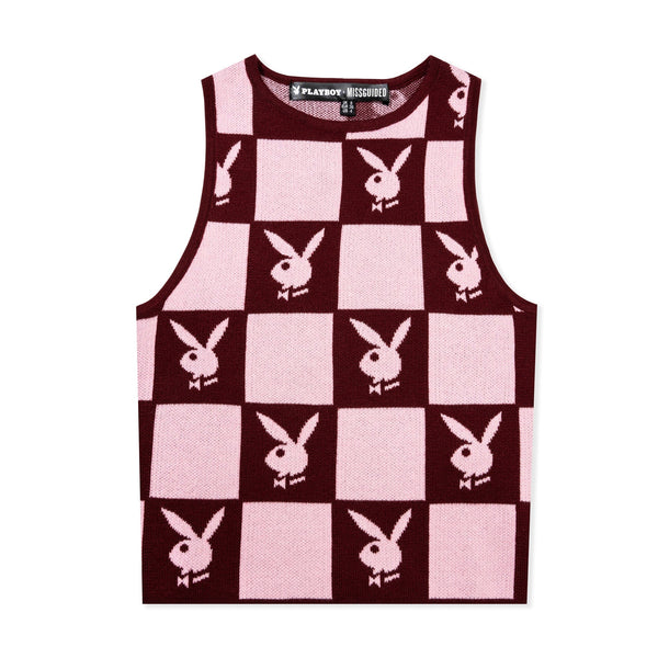 playboy Women's Knit Checkerboard Vest Women's - Tops Burgundy