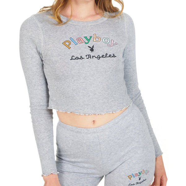 Playboy Women's Rainbow Masthead Long Sleeve Top Women's - Tee Heather Grey