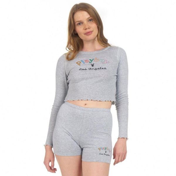playboy Women's Rainbow Masthead Long Sleeve Top Women's - Tee Heather Grey