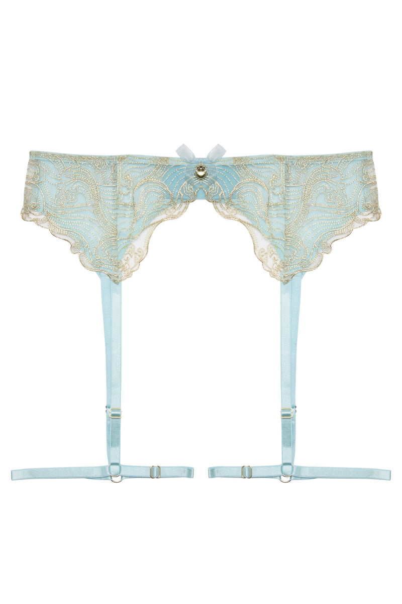 Playful Promises Ayaka Blue Wave Embroidery Suspender Belt With Leg Harness