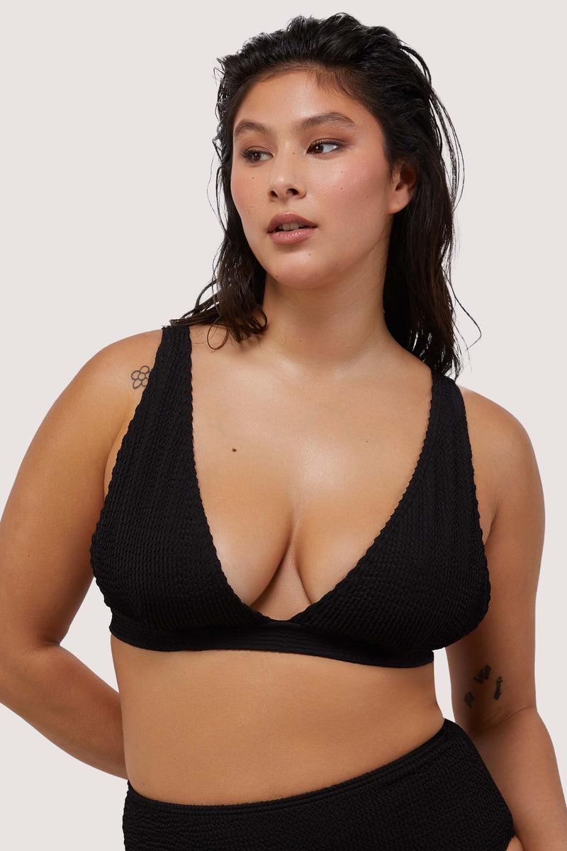 playful promises Black Textured Non Wired Plunge Bikini Top Fuller Bust Exclusive