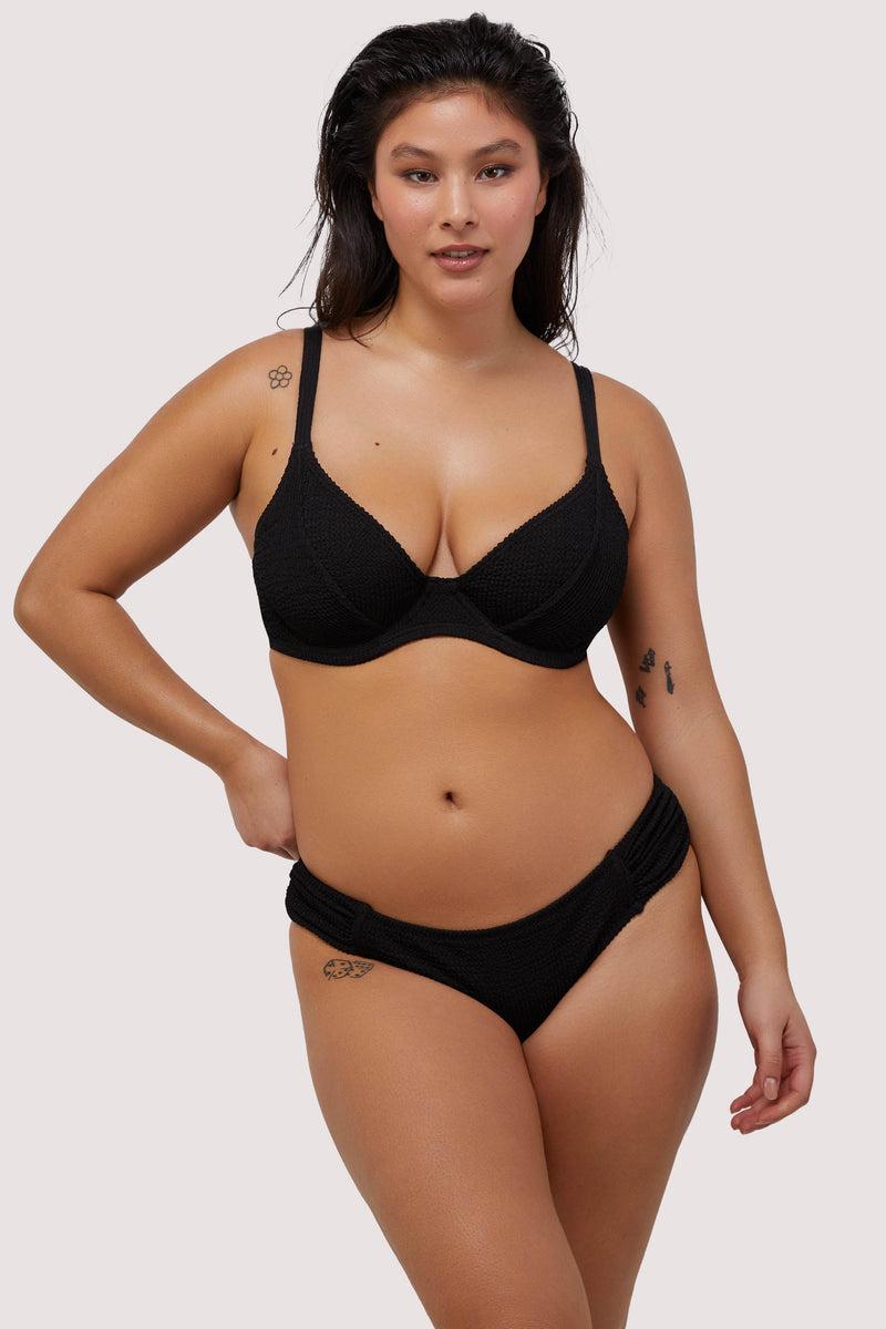 Playful Promises Black Textured Ruched Sides Bikini Bottom