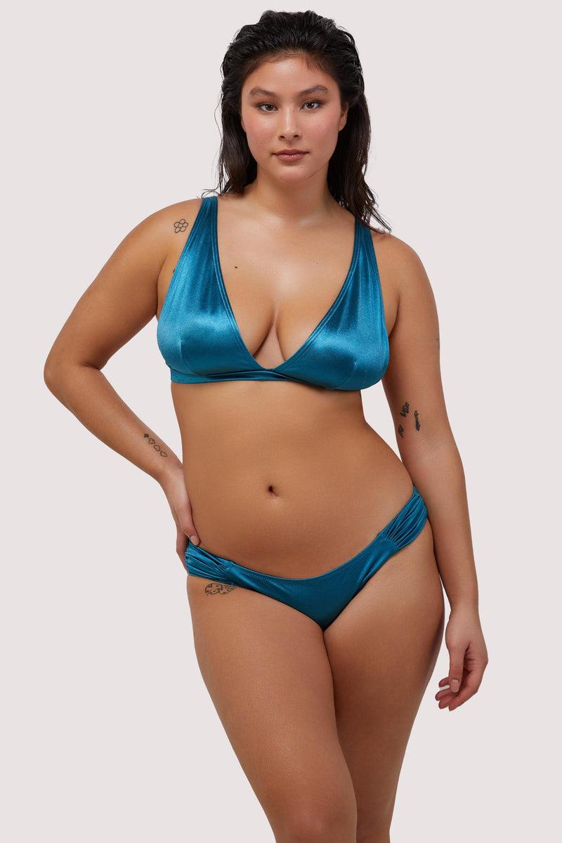 Playful Promises Blue Shine Ruched Sides Bikini Bottom